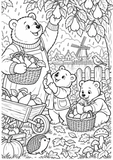The bears harvest pears — printable coloring page