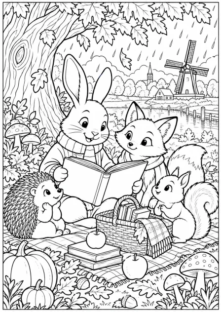 The woodland animals at the book tree — printable coloring page
