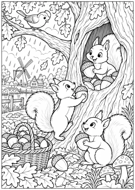 The squirrel family in the tree — printable coloring page