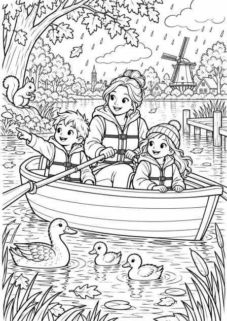 The autumn boat on the lake — printable coloring page