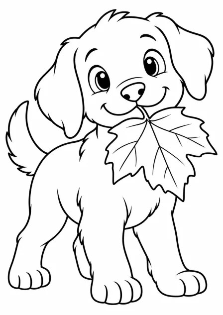 The dog with a leaf — printable coloring page