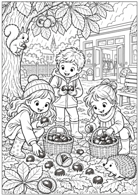 Chestnuts in the school playground — printable coloring page