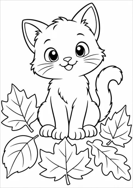 The cat in the leaves — printable coloring page