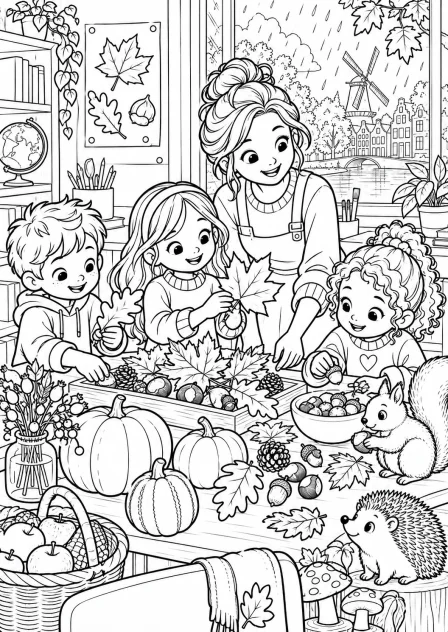 The class makes an autumn display — printable coloring page