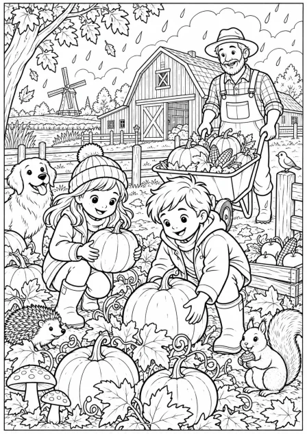 Pumpkins on the farm — printable coloring page