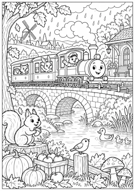 The train through the autumn landscape — printable coloring page