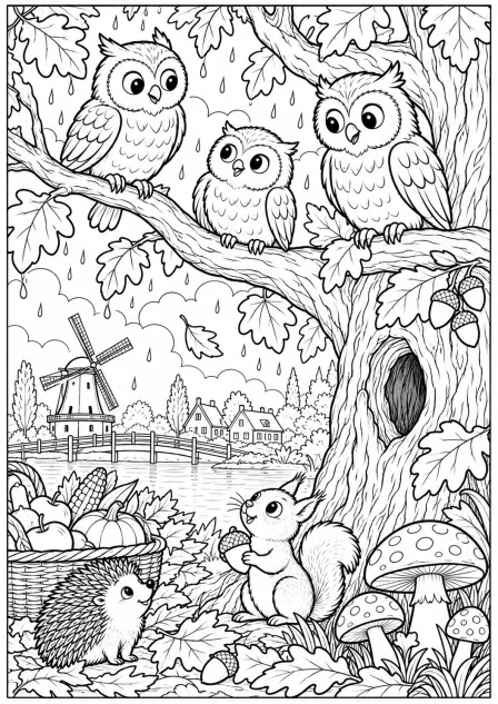 The owls in the autumn woods — printable coloring page