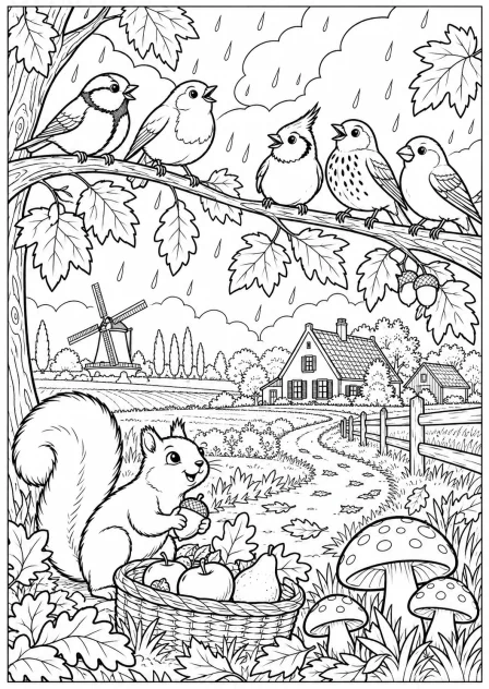The birds prepare for their journey — printable coloring page