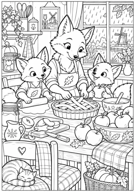 The foxes bake apple pie — printable coloring page