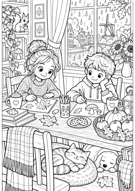 The cozy home on a rainy day — printable coloring page