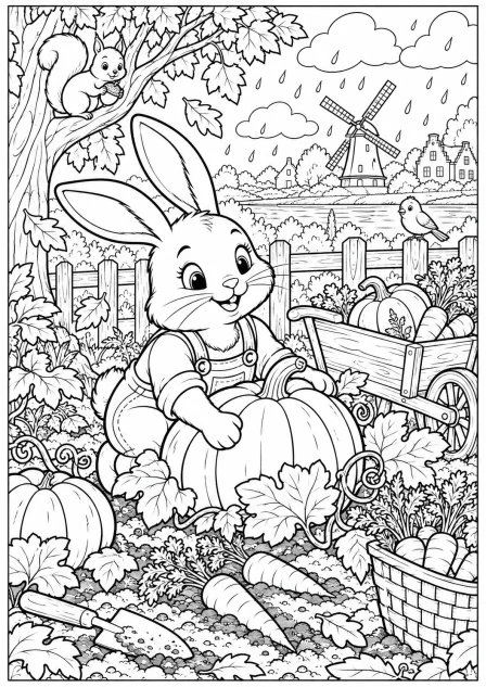 The rabbit in the vegetable garden — printable coloring page