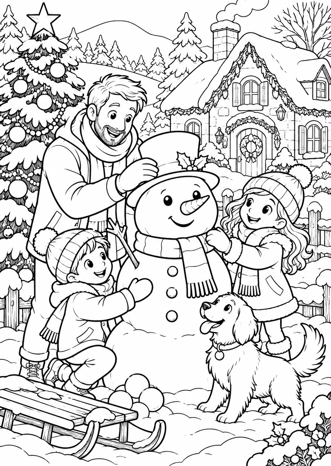The family builds a snowman — printable coloring page