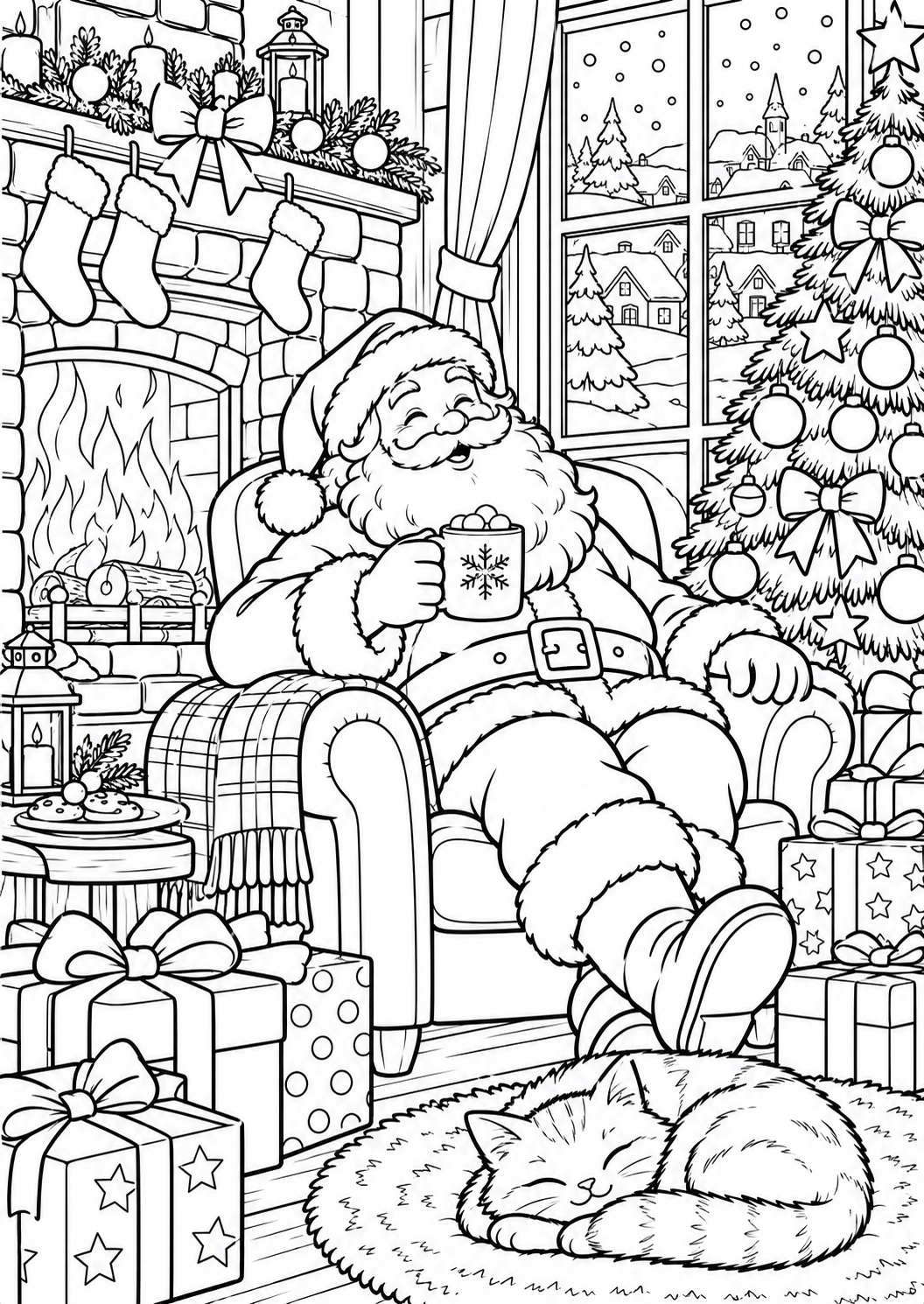 Santa drinks hot chocolate — printable coloring page