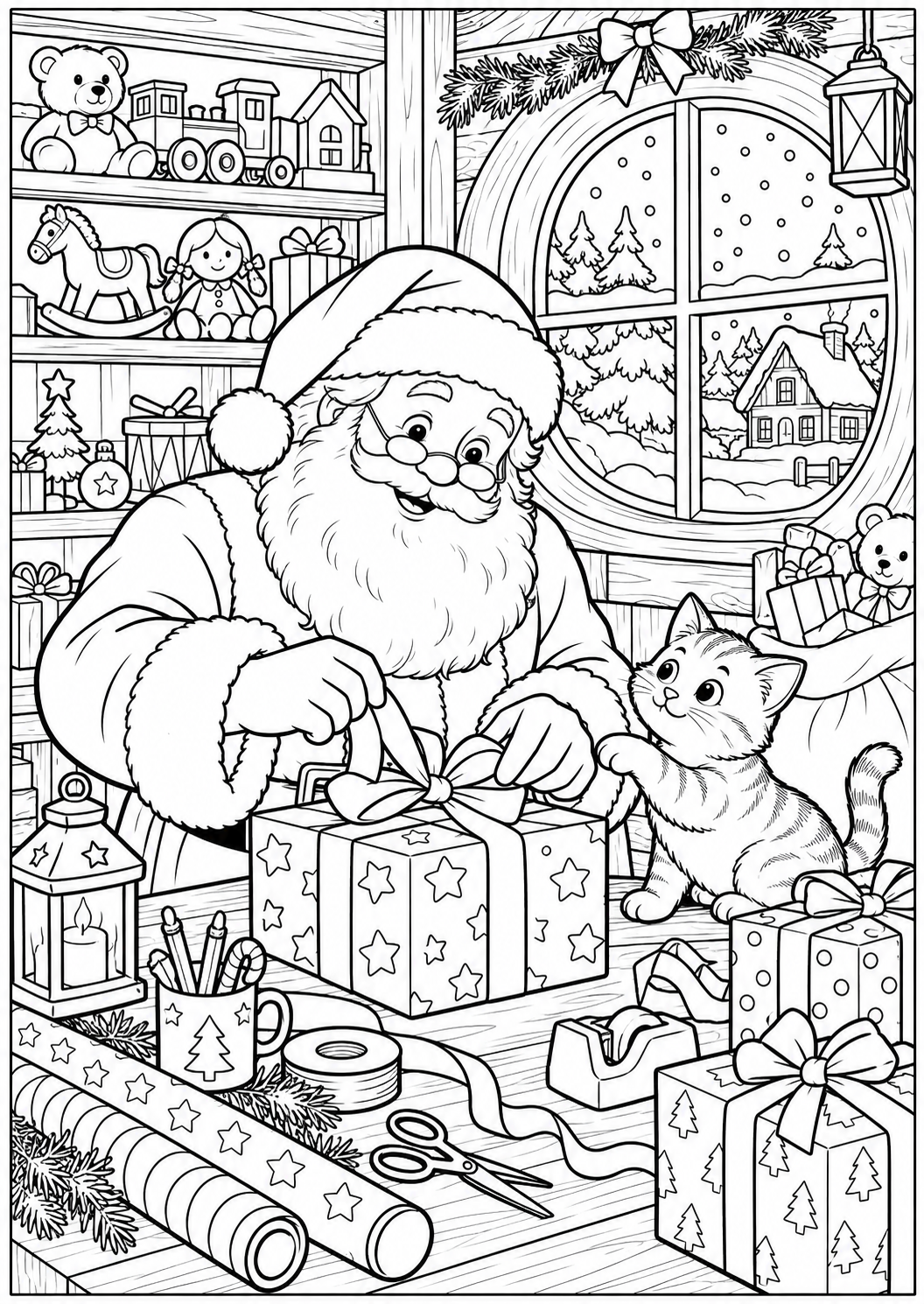 Santa wraps presents — printable coloring page
