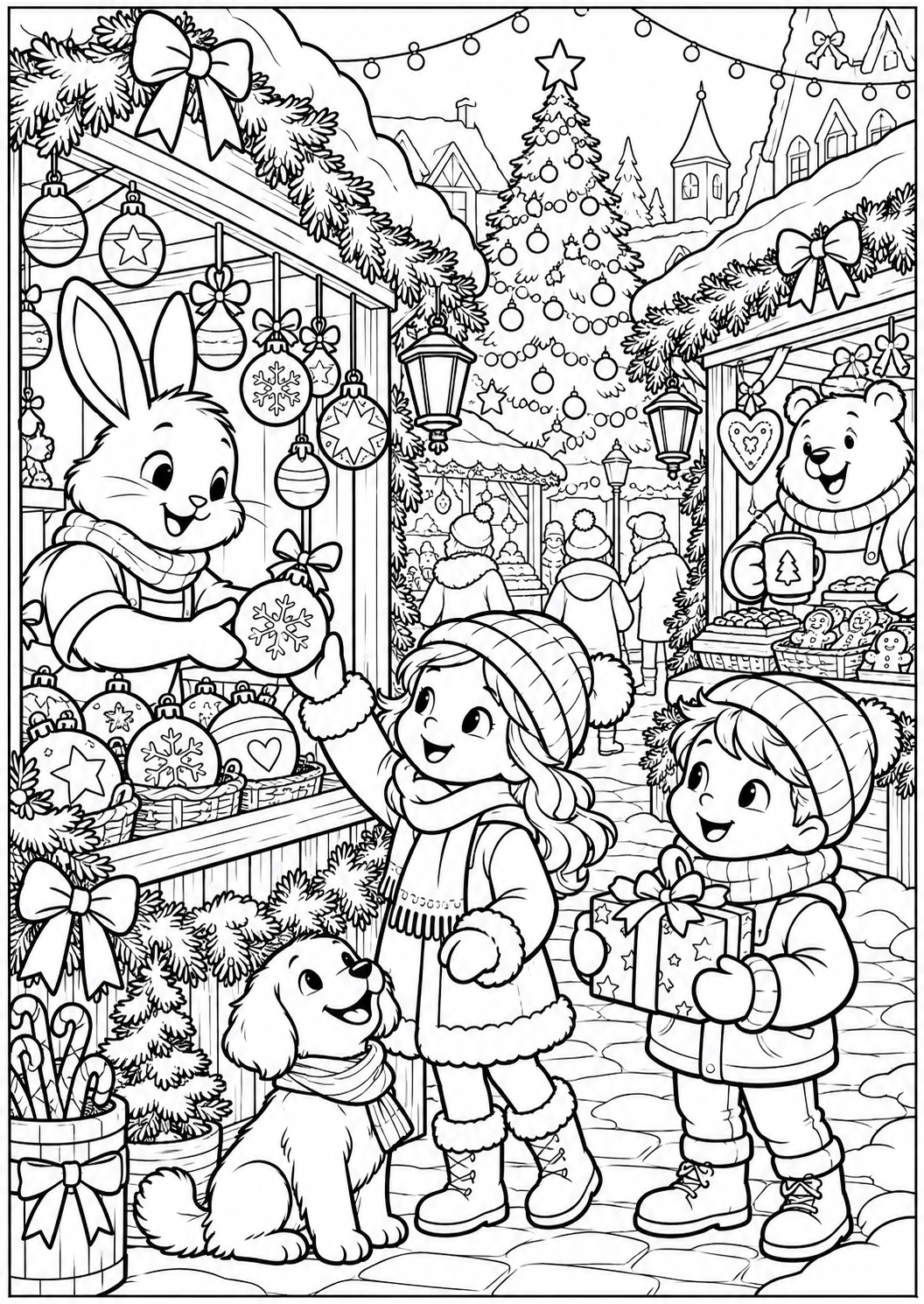 The Christmas market in the square — printable coloring page