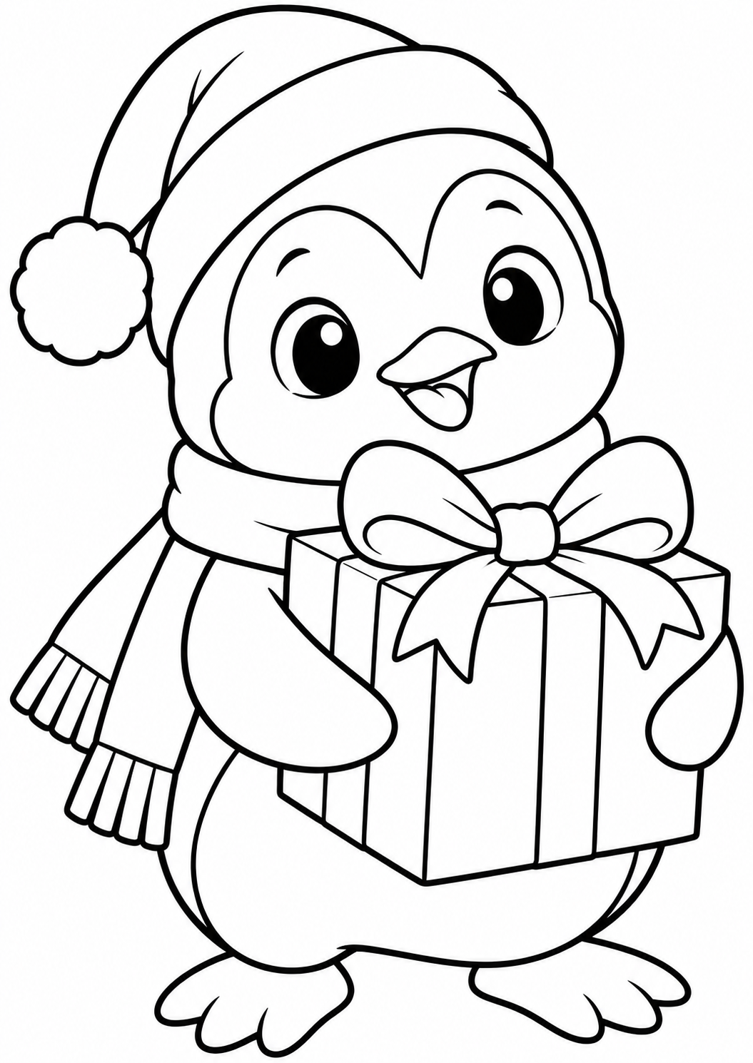 The penguin with a present — printable coloring page