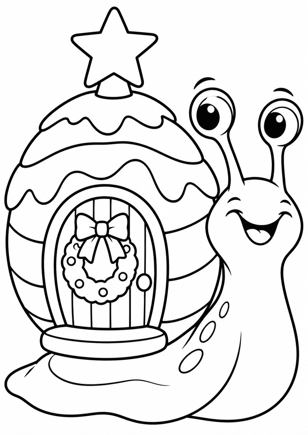The snail with a Christmas cottage — printable coloring page