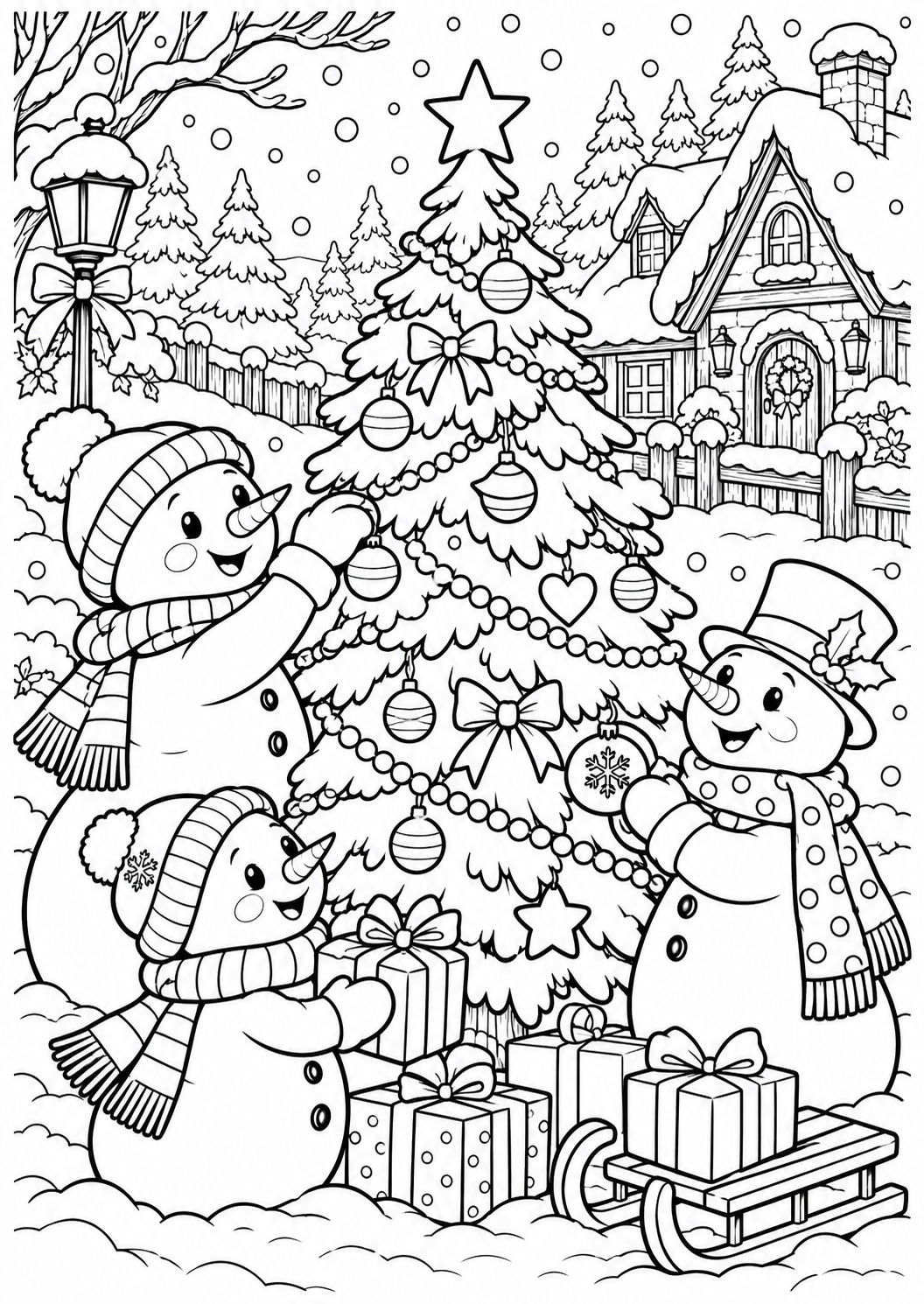The snowmen celebrate Christmas — printable coloring page