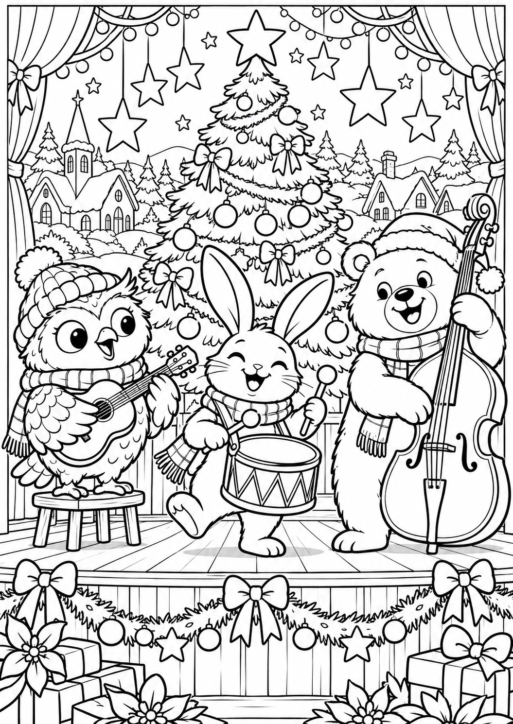 The animal Christmas concert — printable coloring page