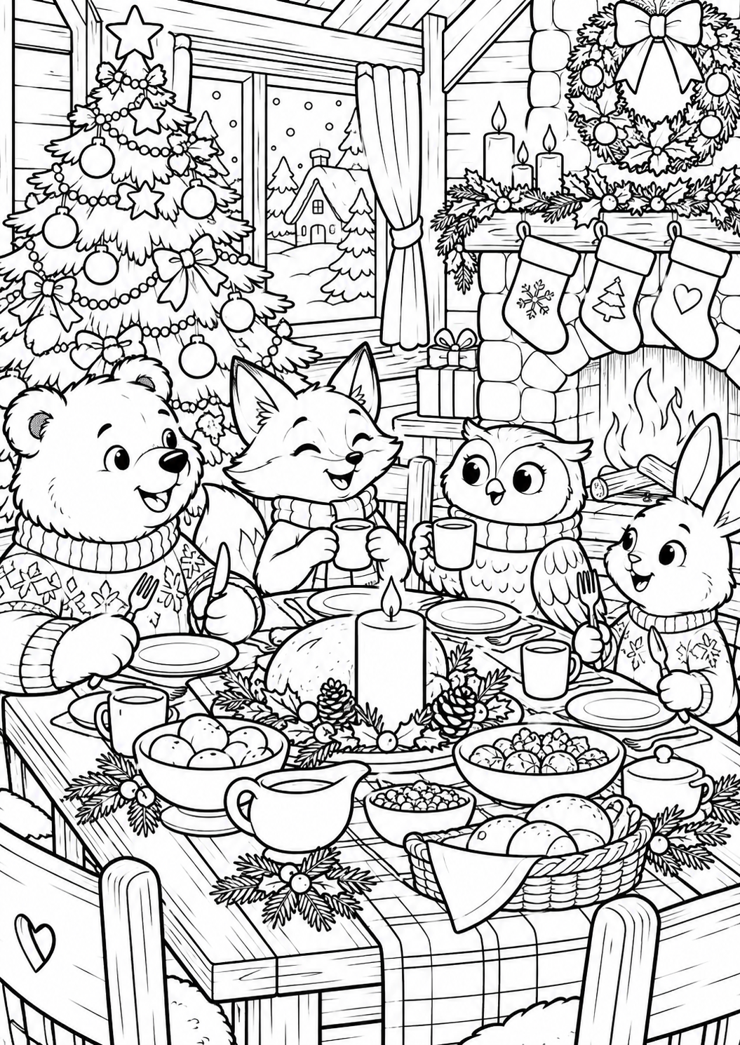 The animal Christmas dinner — printable coloring page