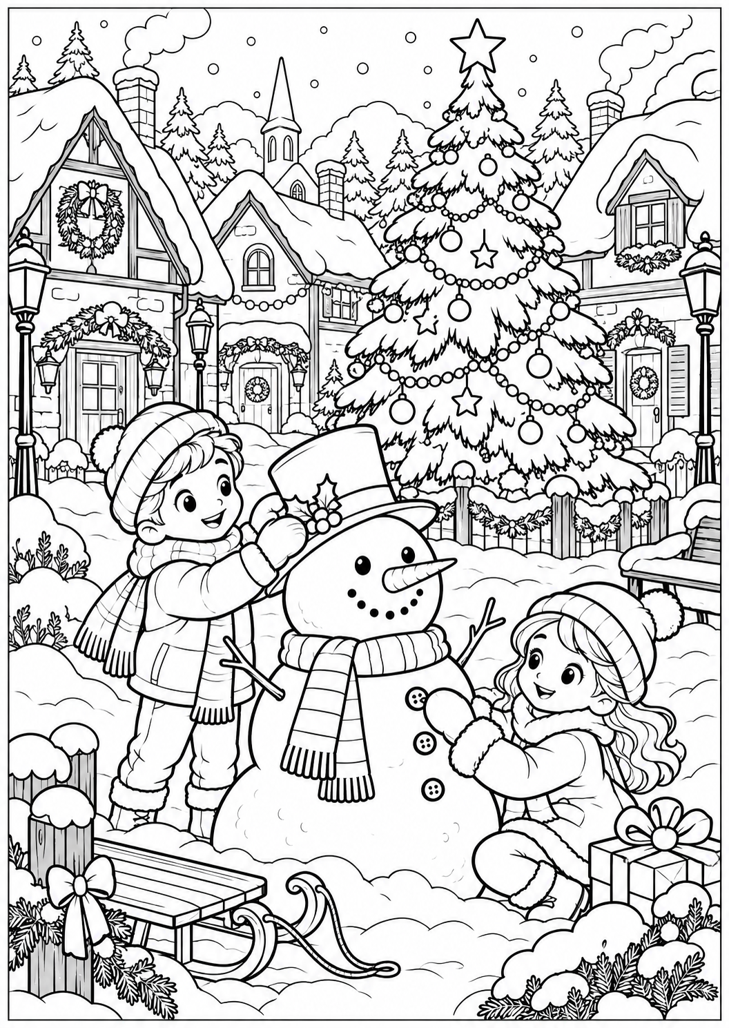 Christmas in the winter village — printable coloring page