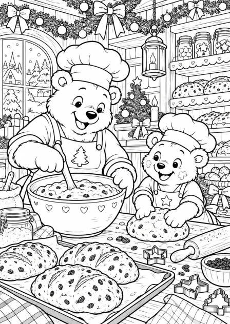 The bears bake Christmas bread — printable coloring page