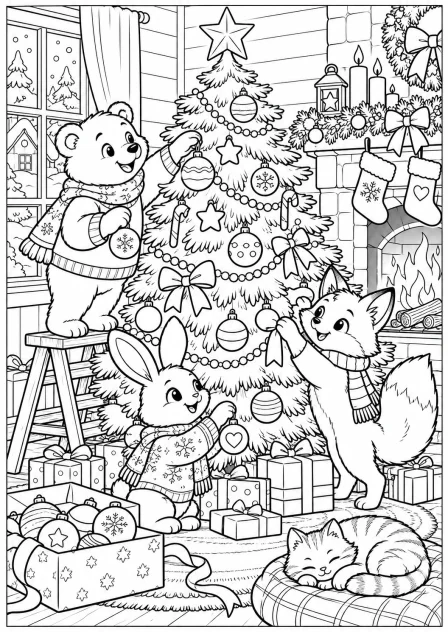 The animals decorate the tree — printable coloring page