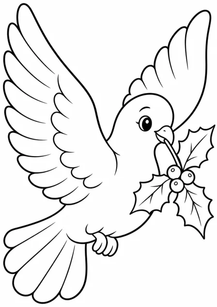 The dove with a festive branch — printable coloring page