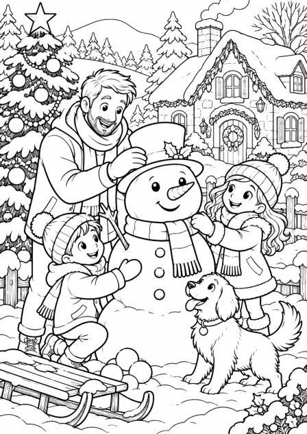 The family builds a snowman — printable coloring page