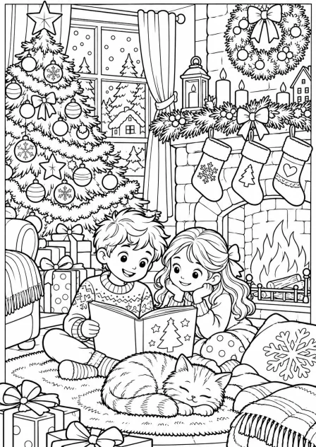 Christmas Eve by the fireplace — printable coloring page