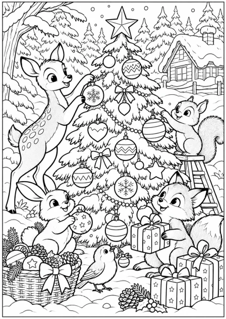 The Christmas tree in the forest — printable coloring page