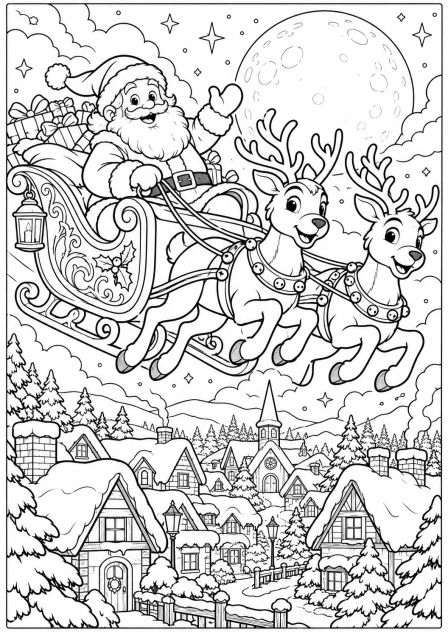 Santa above the rooftops — printable coloring page