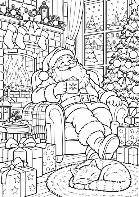 Santa drinks hot chocolate — printable coloring page