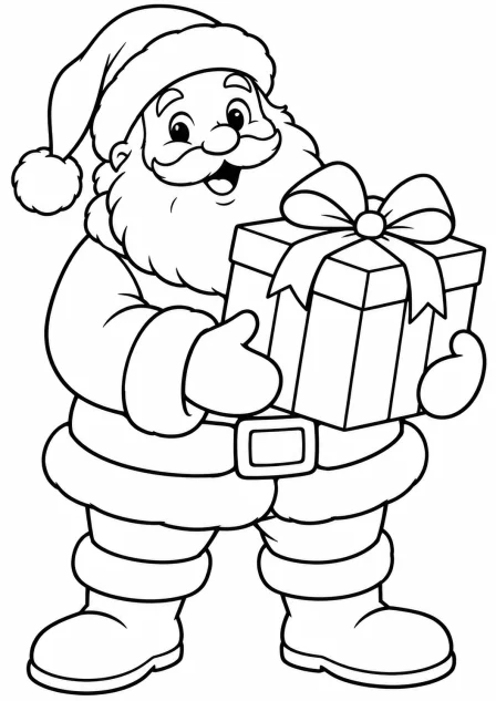 Santa with a present — printable coloring page
