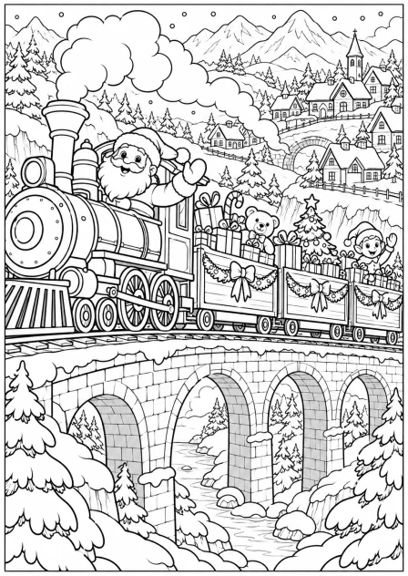 The Christmas train through the mountains — printable coloring page