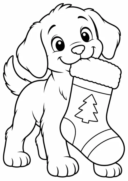 The puppy with a stocking — printable coloring page