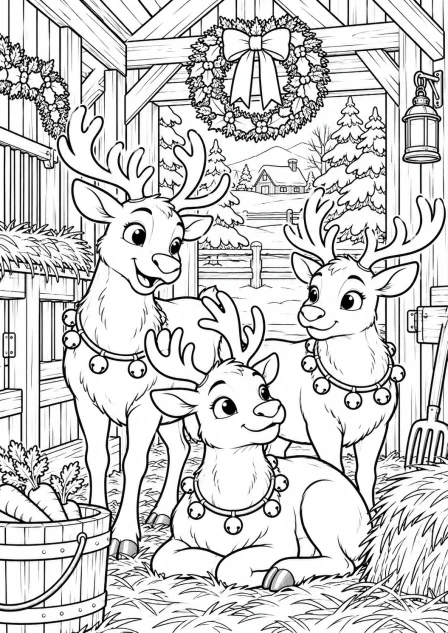 The reindeer by the stable — printable coloring page