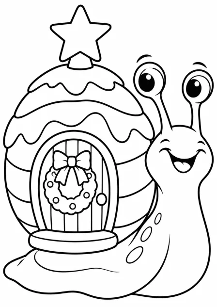 The snail with a Christmas cottage — printable coloring page