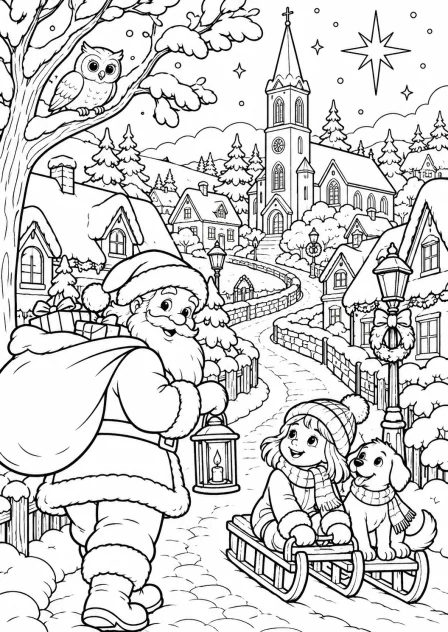 Stars above the village — printable coloring page