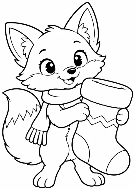 The fox with a stocking — printable coloring page