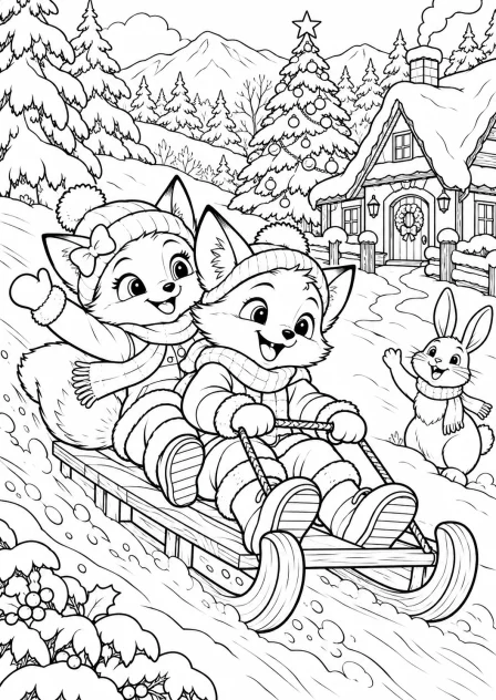 The foxes on the sled — printable coloring page