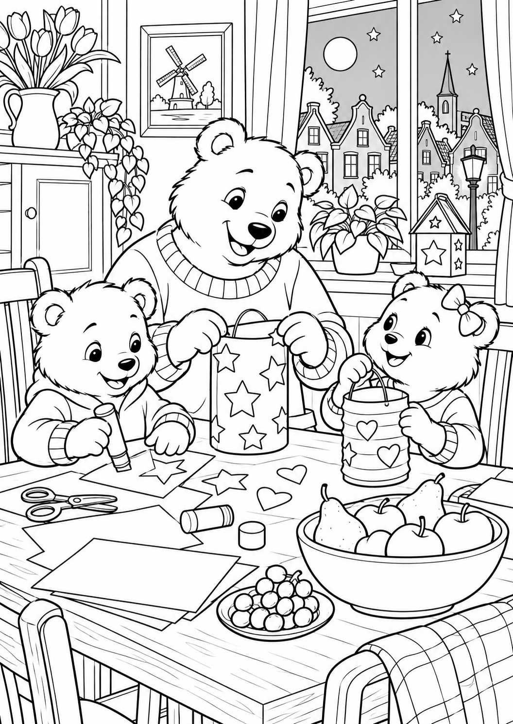 The bears make lanterns — printable coloring page