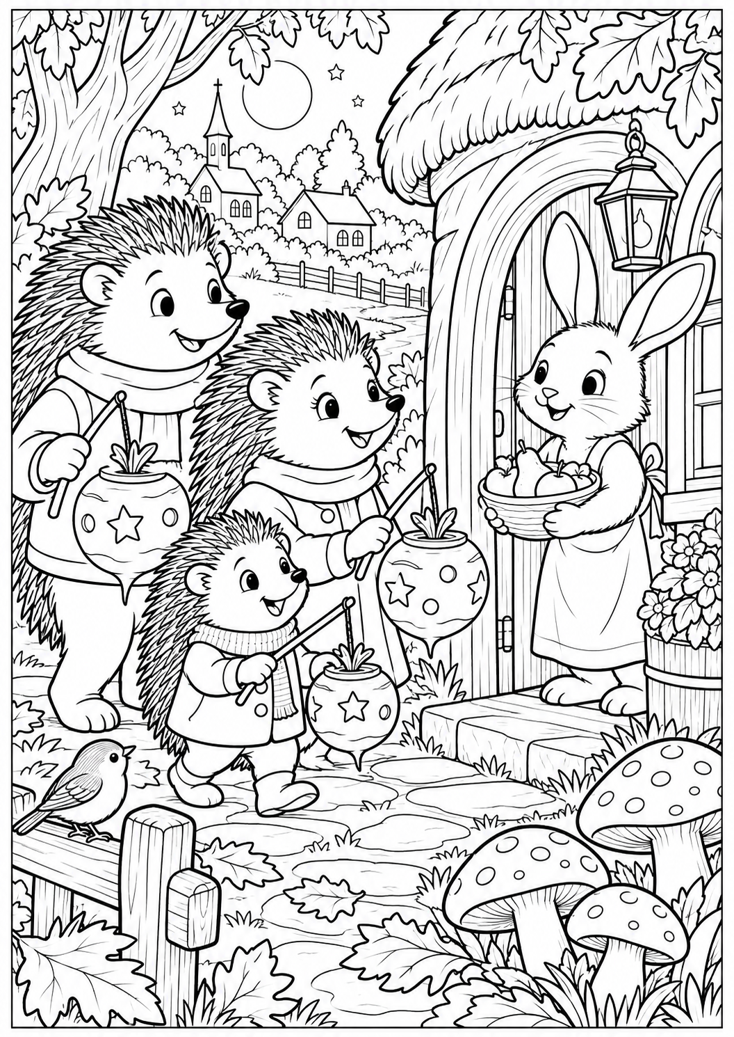 The hedgehog family celebrates Saint Martin — printable coloring page