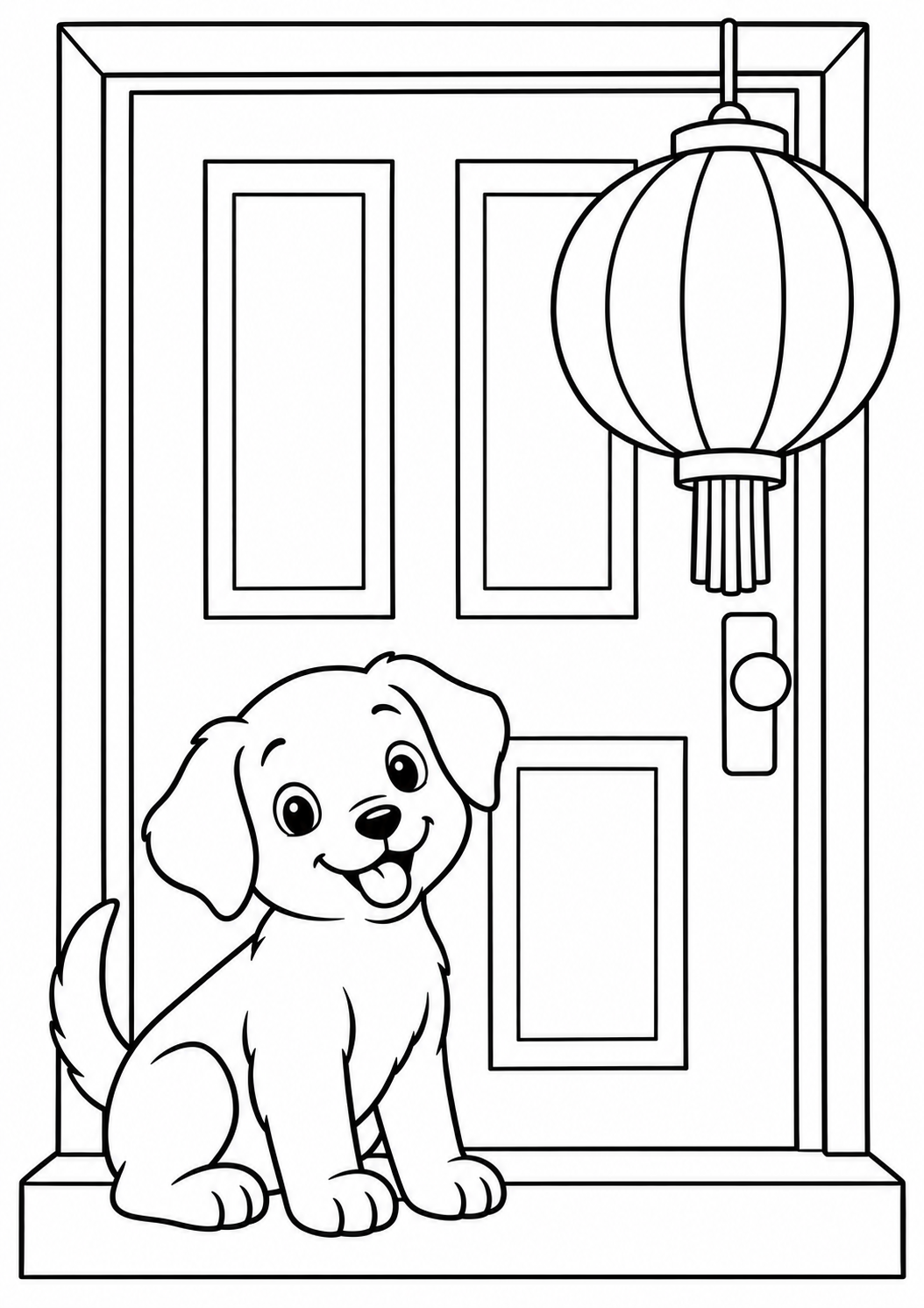 The dog at the front door — printable coloring page