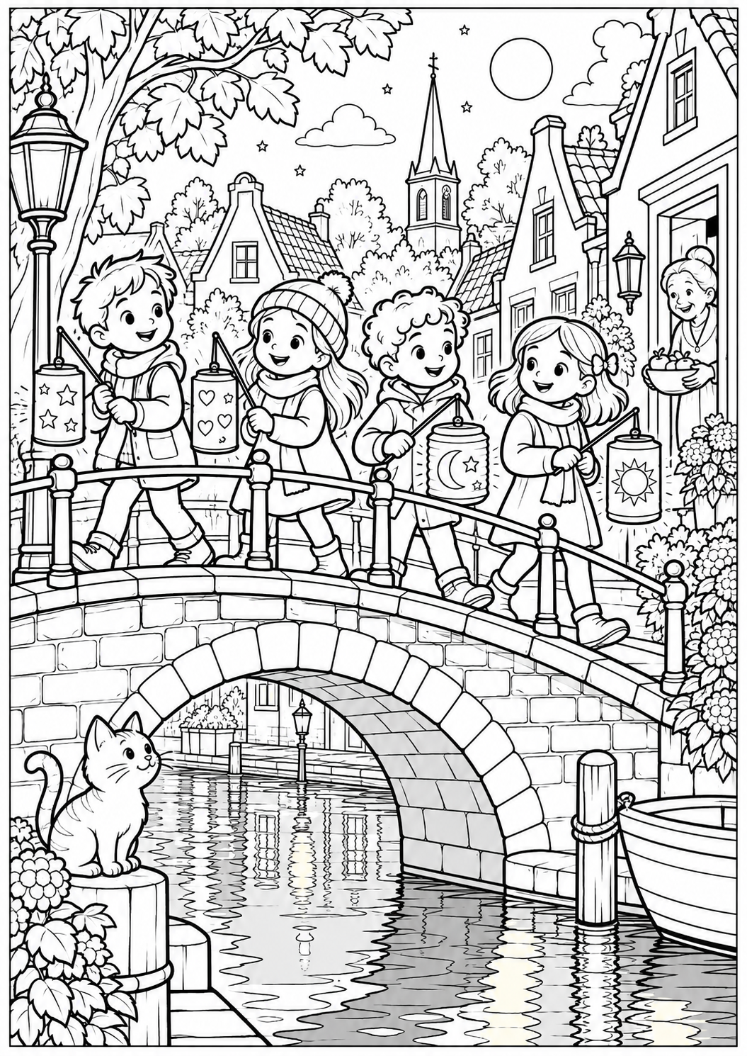 Lanterns by the bridge — printable coloring page