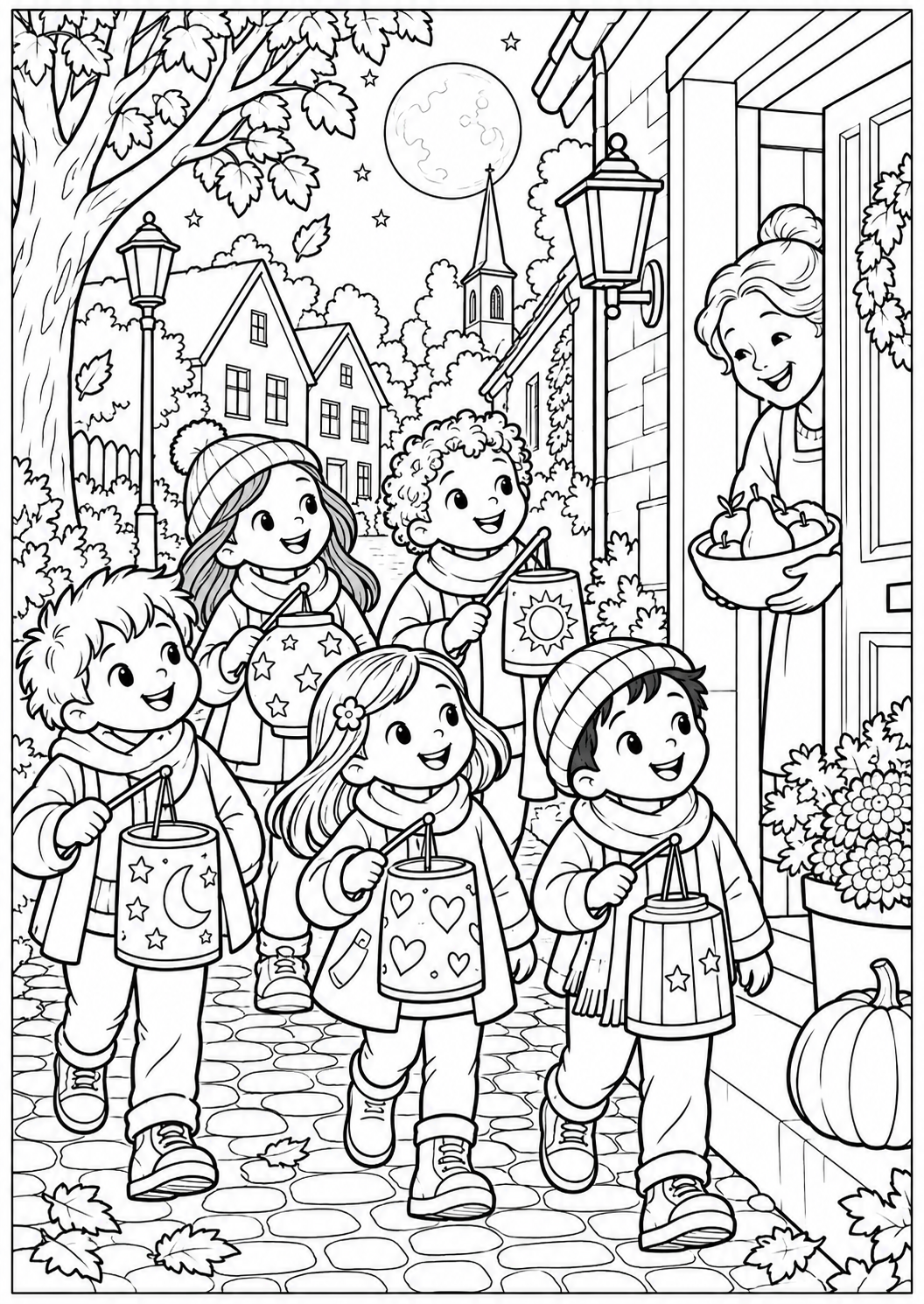 The village lantern parade — printable coloring page