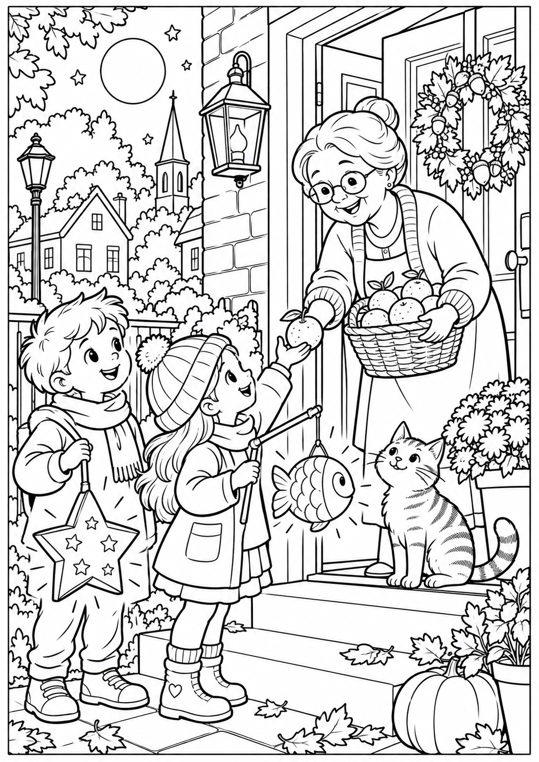 Mandarins at the door — printable coloring page