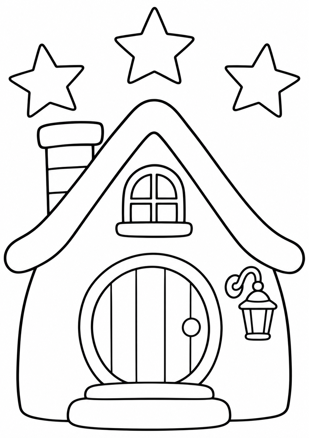 Stars above the cottage — printable coloring page