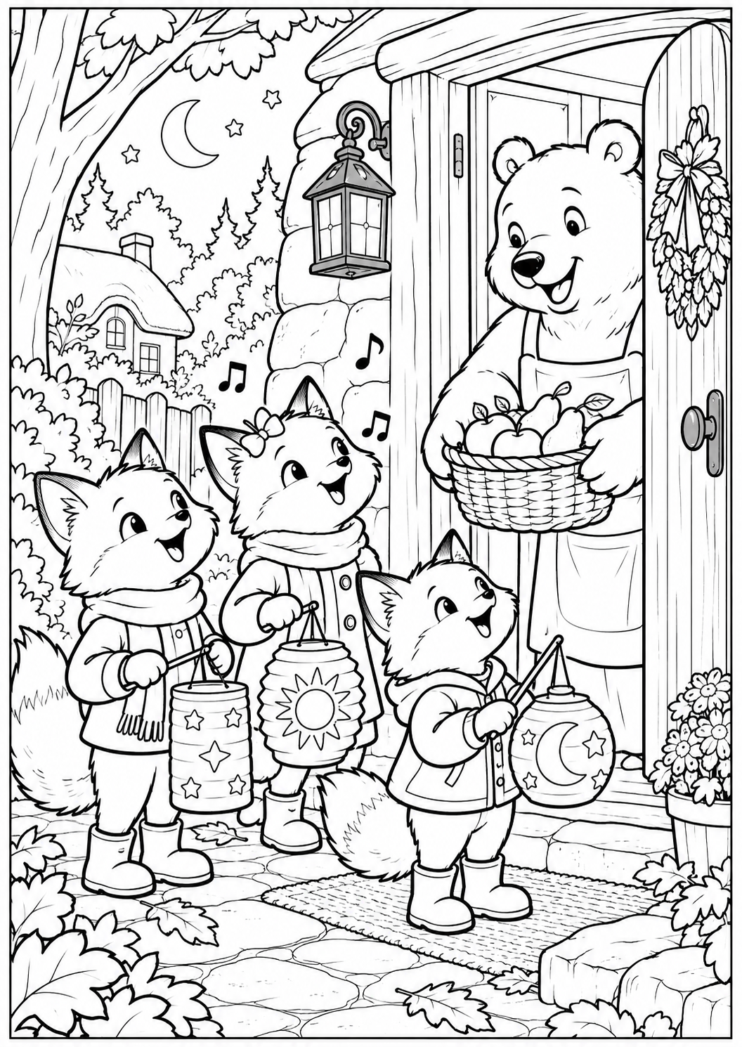 The foxes by the cottage — printable coloring page