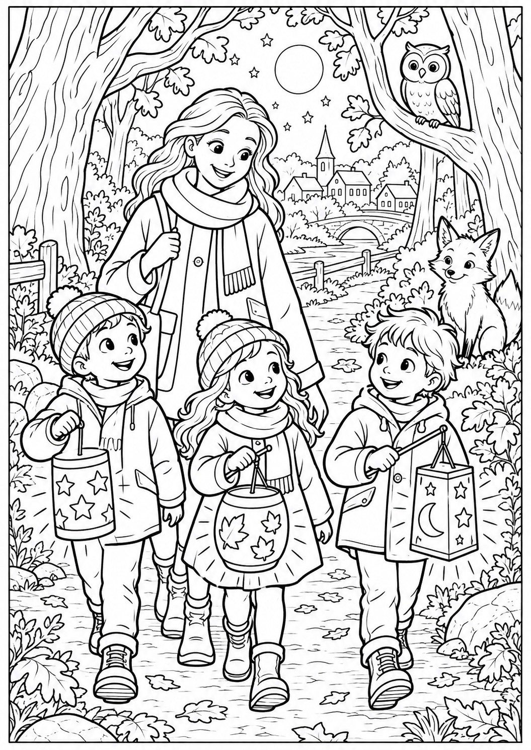 The lantern path through the woods — printable coloring page